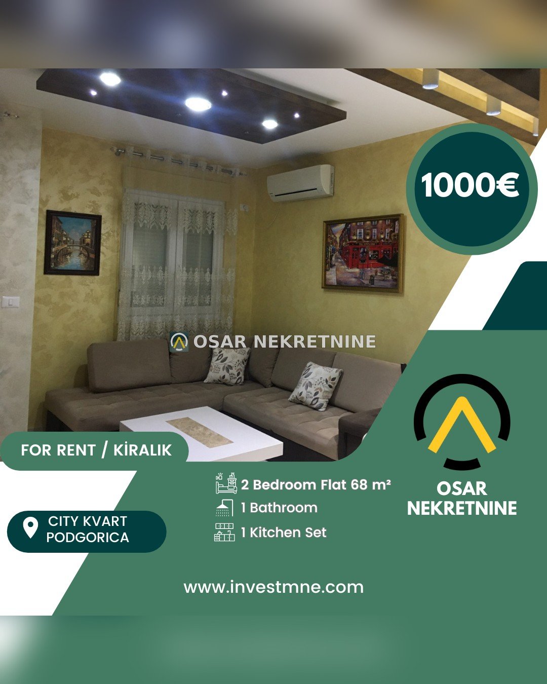 Квартира в аренду в City Kvart, 2-комн., 68 м²