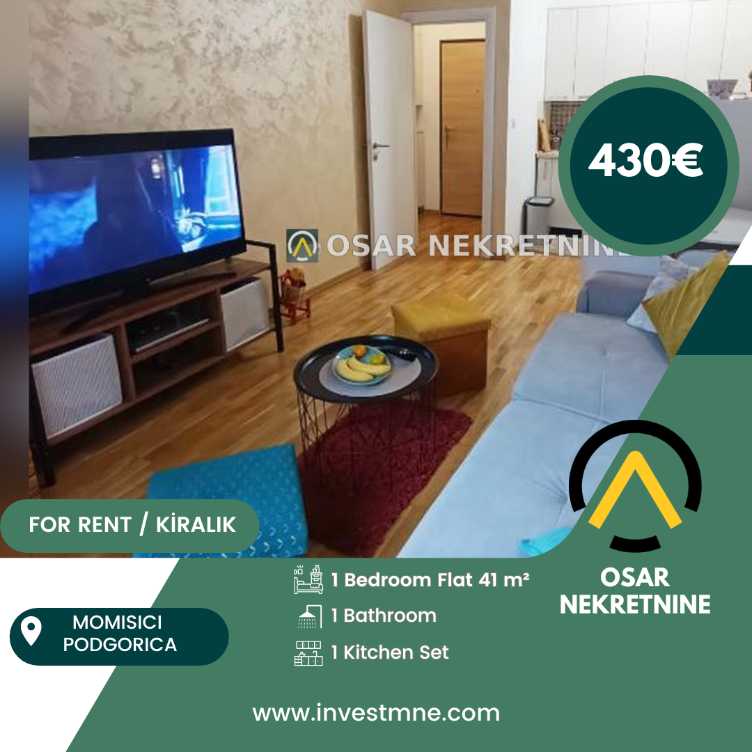 Podgorica _ MOMISICI _ Daire _ 1 ODA _ 41 m² _ YÜKSEK ZEMİN. KAT _ Mobilyalı