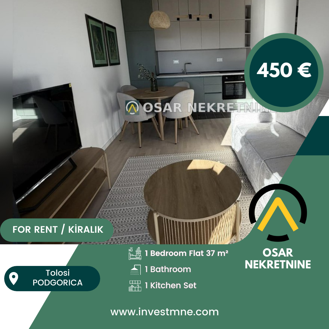 Podgorica _ Tolosi _ Daire _ 1 ODA _ 37 m² _ 3. KAT _ Mobilyalı