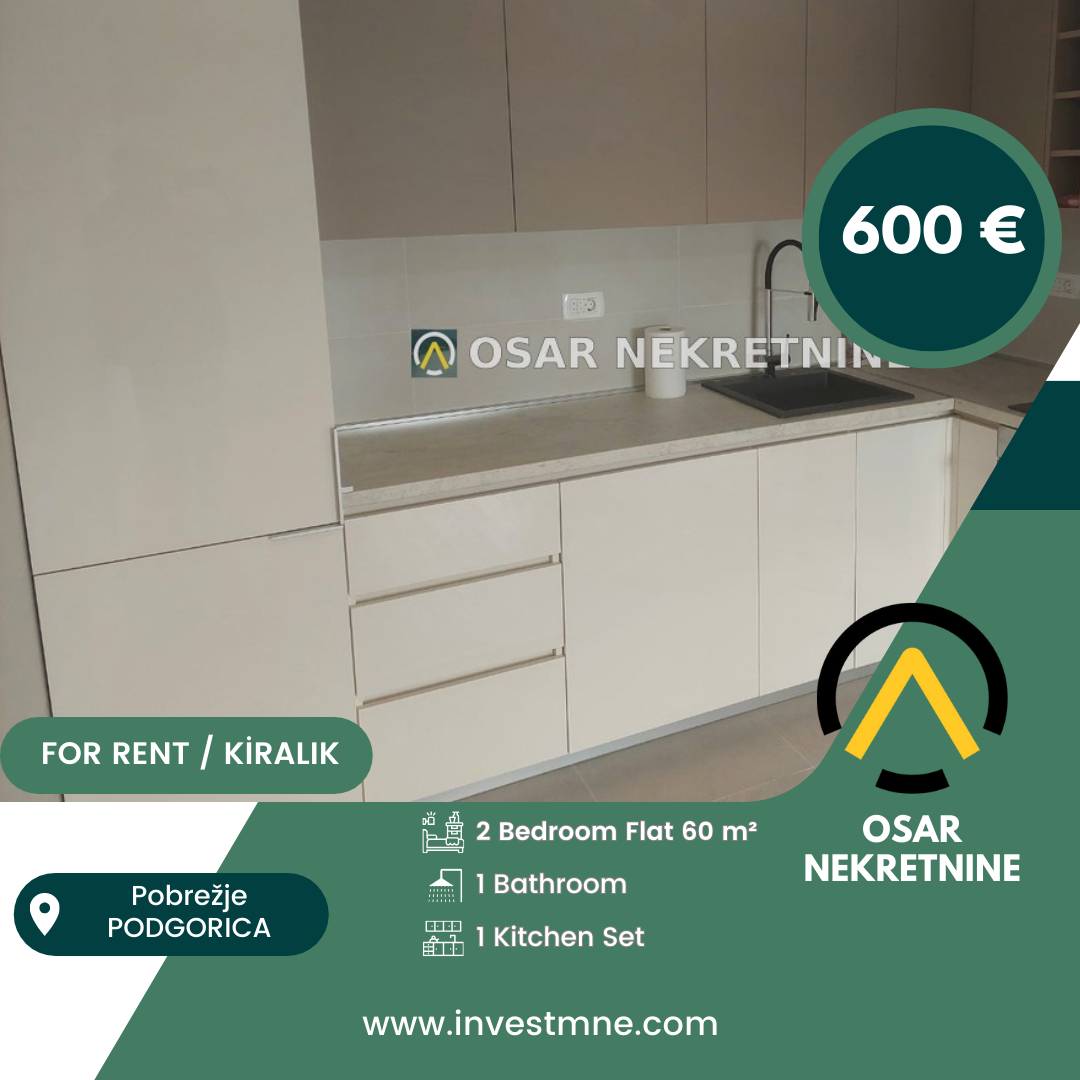 Podgorica _ Zabjelo _ Daire _ 2 ODA _ 60 m² _ 7. KAT _ Mobilyasız