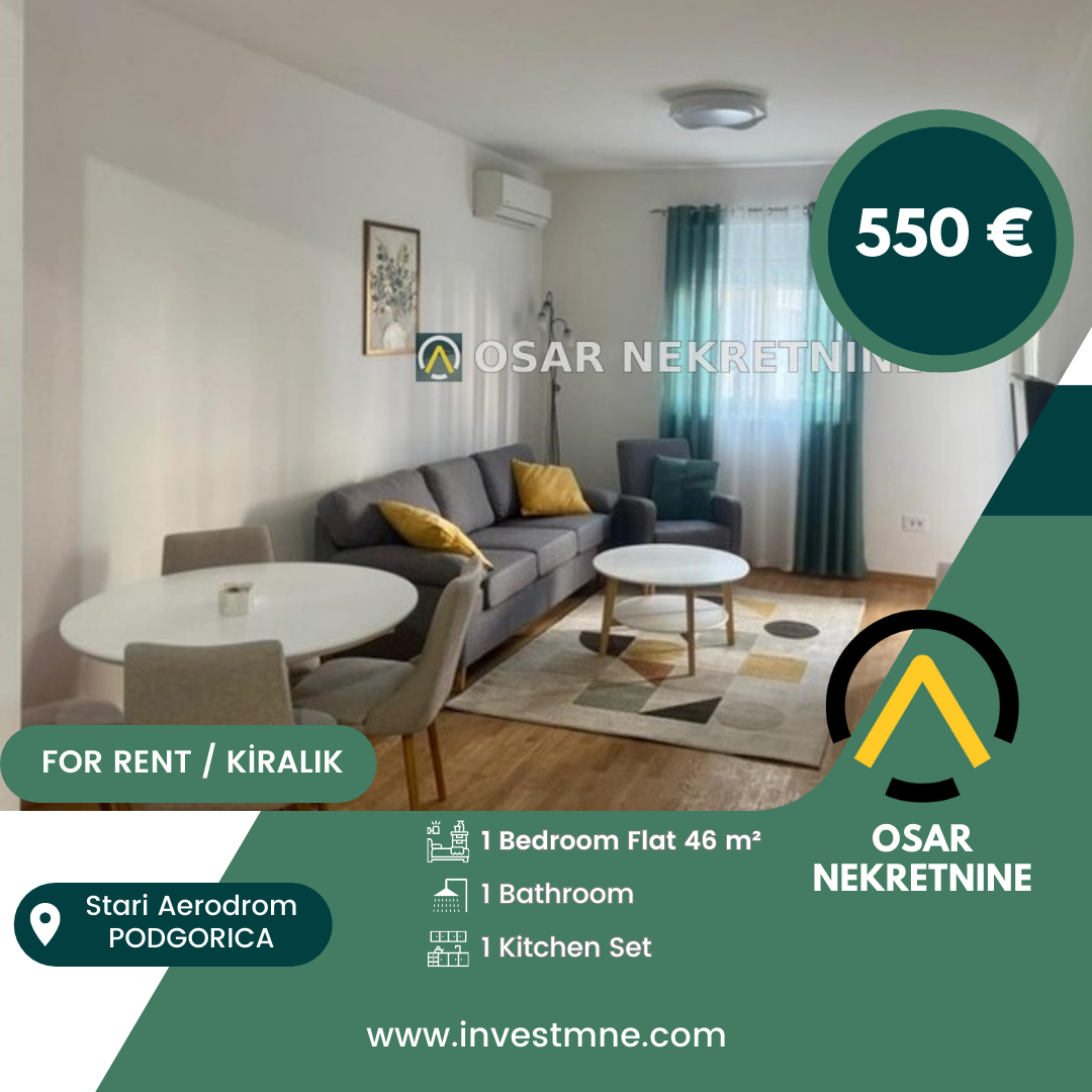 Podgorica _ Stari Aerodrom _ Daire _ 1 ODA _ 46 m² _ 2. KAT _ Mobilyalı