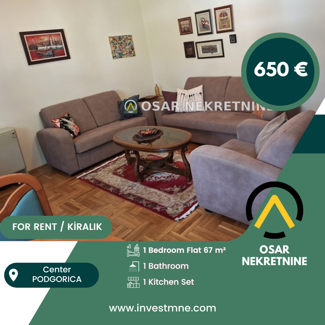 Podgorica _ Center _ Daire _ 2 ODA _ 67 m² _ 3. KAT _ Mobilyalı