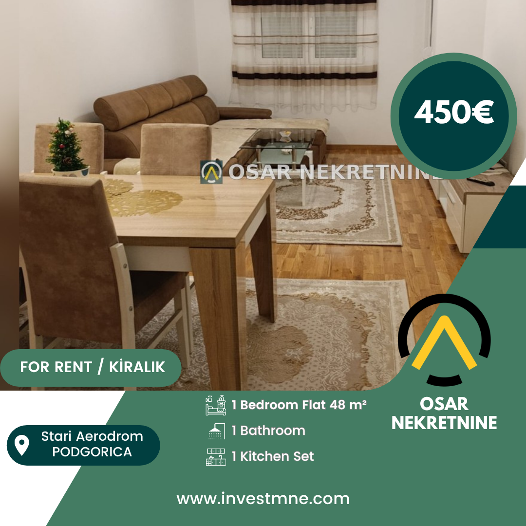 Podgorica _ Stari Aerodrom _ Daire _ 1 ODA _ 48 m² _ 1. KAT _ Mobilyalı